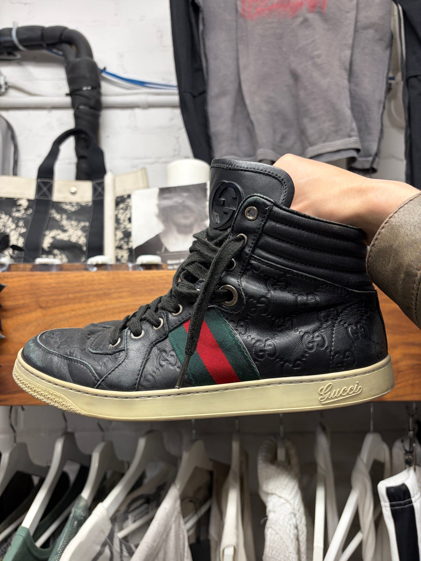 Gucci ‘Guccissima’ Black Leather Web High Top Sneakers