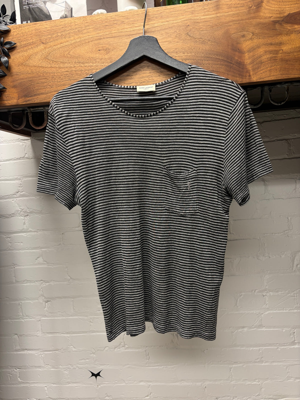 2020 Saint Laurent Black/Grey Striped ‘YSL’ Embroidered Logo Striped T-Shirt
