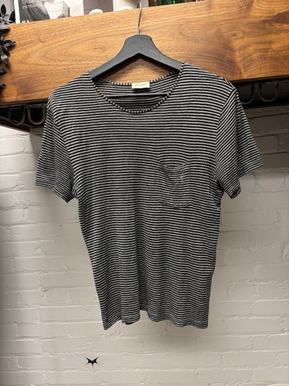 2020 Saint Laurent Black/Grey Striped ‘YSL’ Embroidered Logo Striped T-Shirt