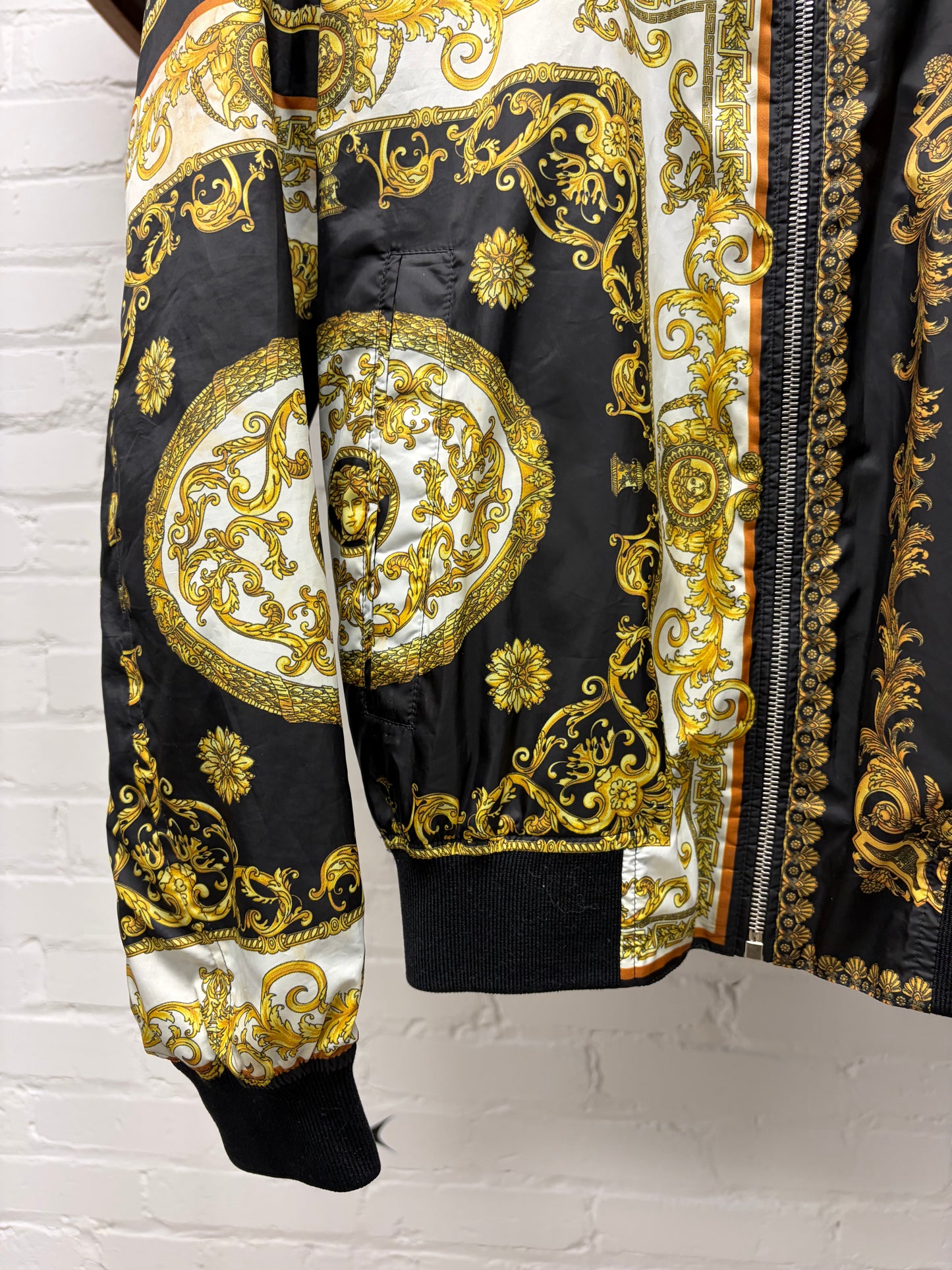 Versace ‘Baroque’ Full Print Gold/Black Silk Bomber Jacket