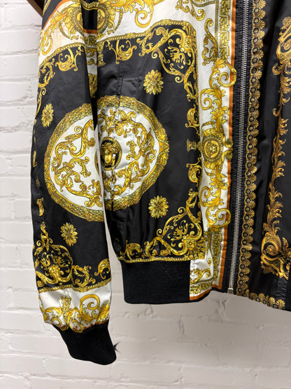 Versace ‘Baroque’ Full Print Gold/Black Silk Bomber Jacket