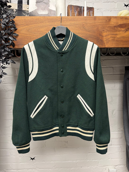 2016 Saint Laurent ‘Teddy’ Forest Green/White Wool Varsity Jacket