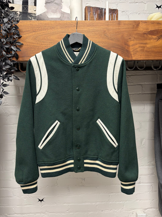 2016 Saint Laurent ‘Teddy’ Forest Green/White Wool Varsity Jacket