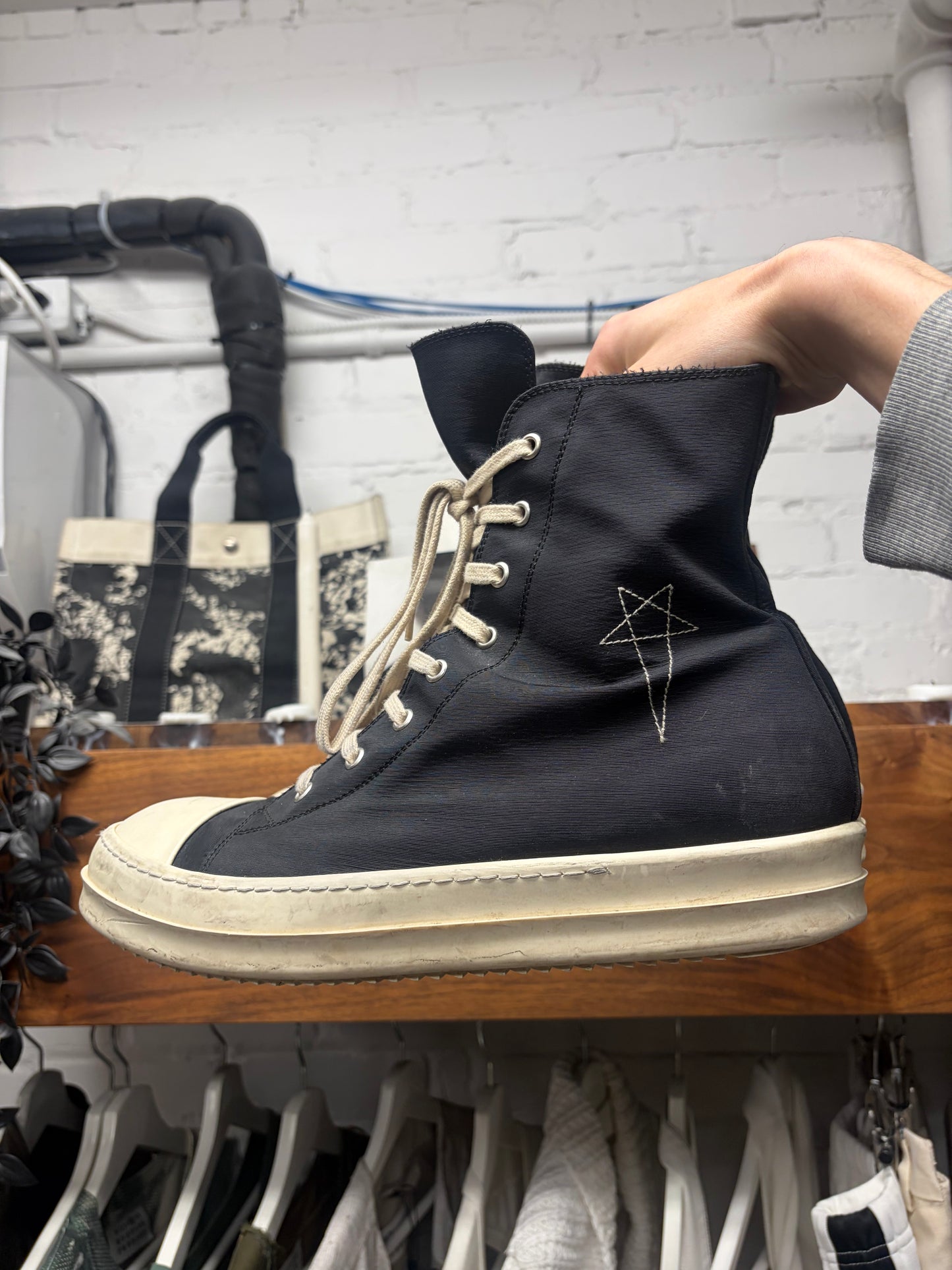 Rick Owens Pentagram Black/Milk Canvas ‘Ramones’ High Top Sneakers