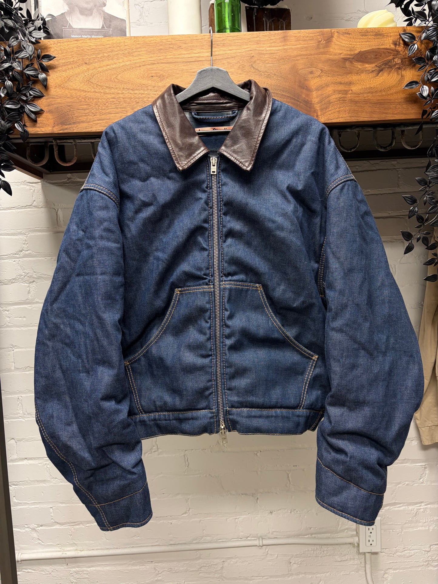Acne Studios ‘Padded’ Plaid Lined Blue Denim Jacket with Leather Collar