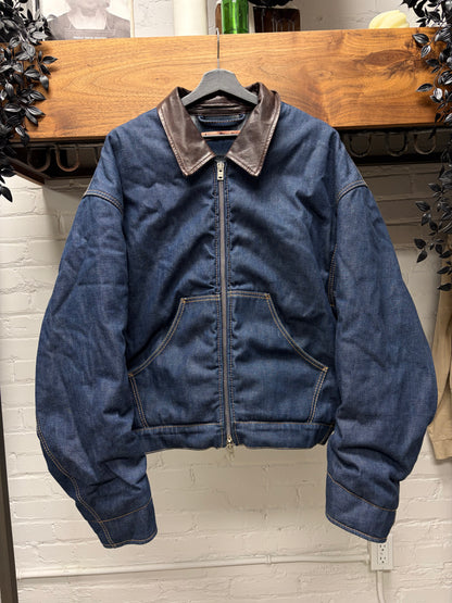 Acne Studios ‘Padded’ Plaid Lined Blue Denim Jacket with Leather Collar