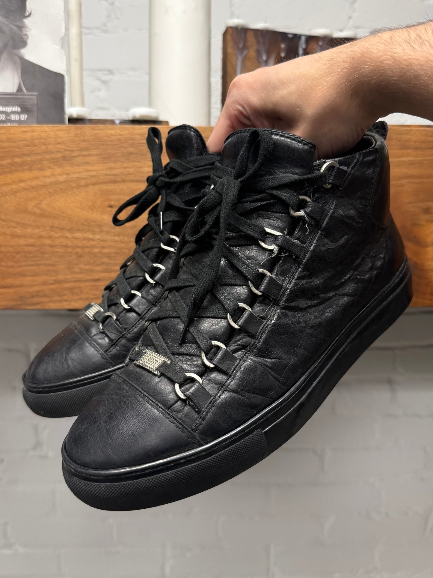 Balenciaga ‘Arena’ Black Calfskin Leather High Top Sneakers