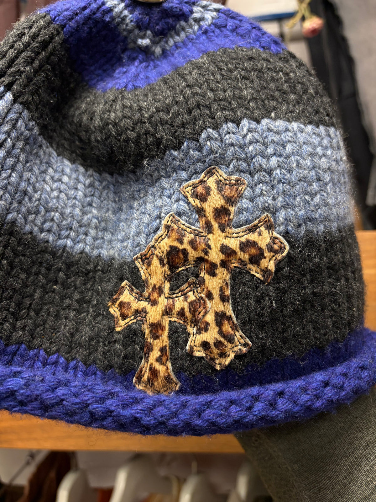 Chrome Hearts Leopard Double Cross Patch Cashmere Striped Beanie with .925 Silver Hardware