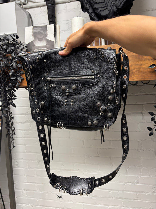 Balenciaga ‘Le Cagole’ Medium Size Pierced Black Leather Crossbody Messenger Bag
