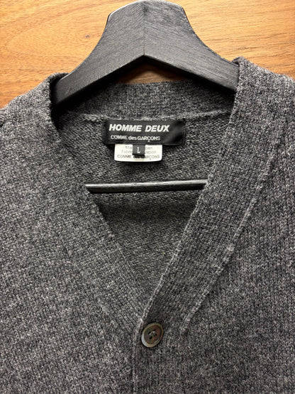 2019 Comme Des Garçons Homme Deux Grey Wool Knit Cardigan with Asymmetric Bottom Hem