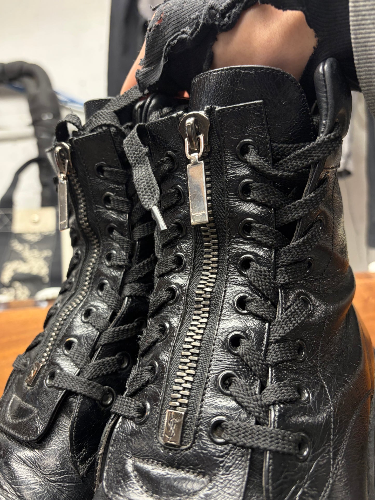 Saint Laurent ‘William’ Double Lace Up Patent Leather Combat Boots