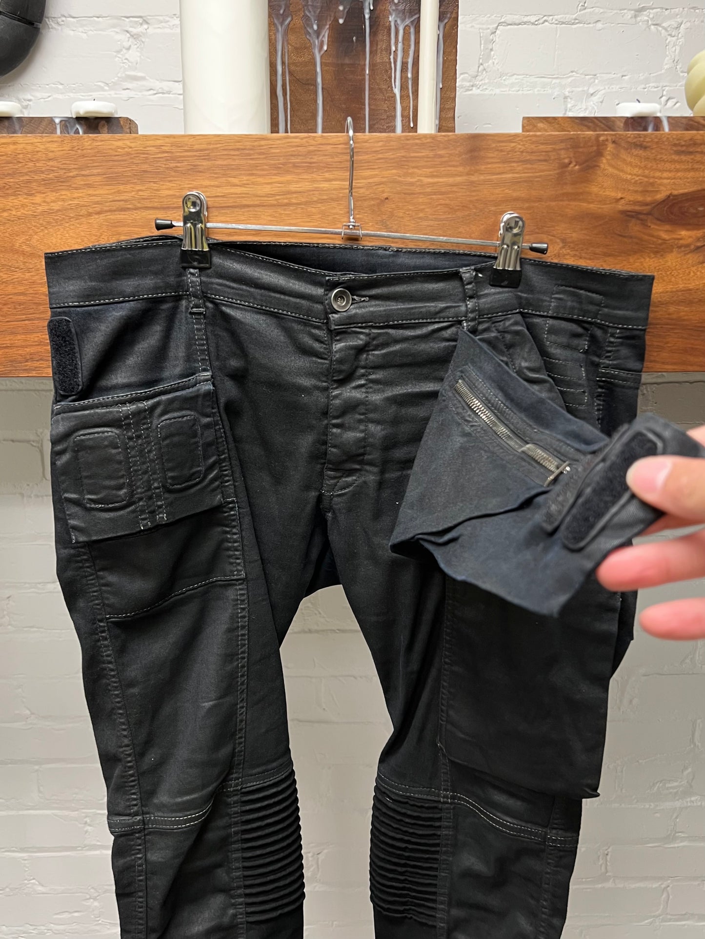 2014 Rick Owens ‘Memphis’ Waxed Black Biker Panelled Cargo Denim