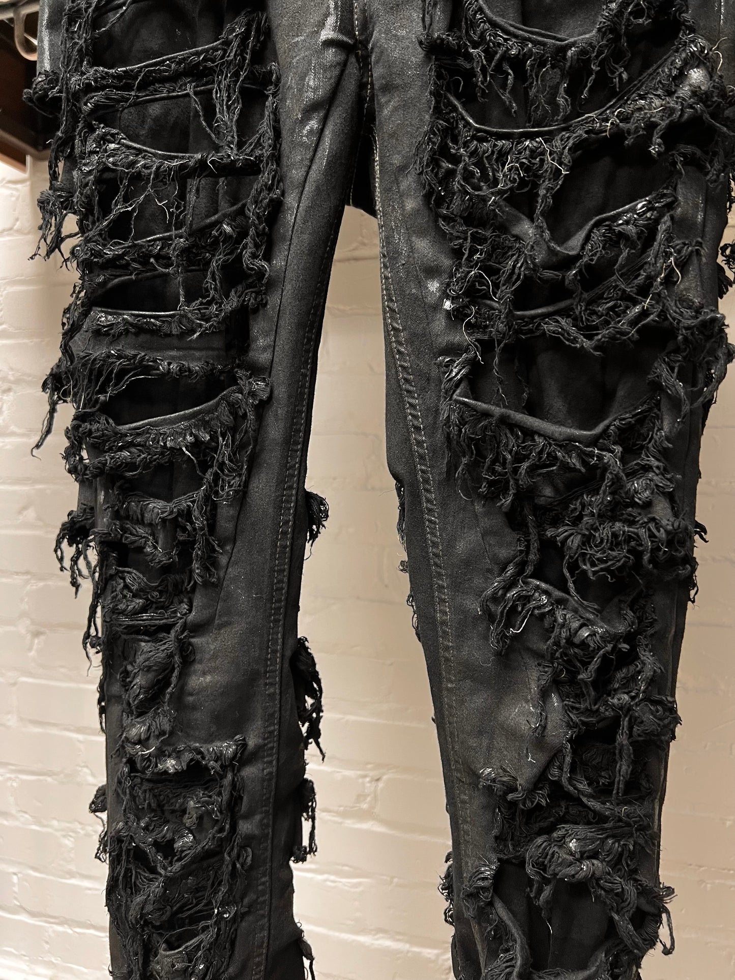 Rick Owens DRKSHDW ‘Detroit Cut’ Waxed Black Slashed Distressed Denim