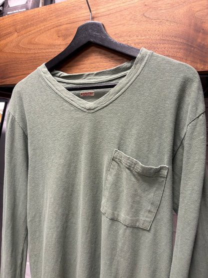 Kapital ‘Muted Green’ V-Neck Cotton Long Sleeve Pocket T-Shirt