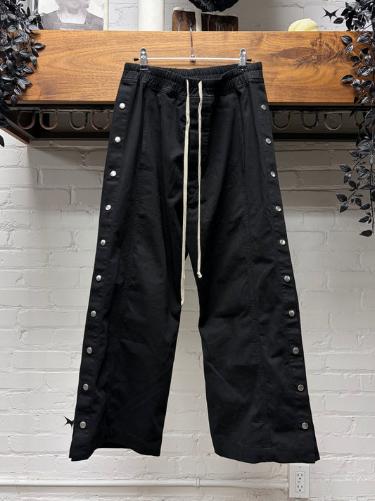 Rick Owens ‘Pusher’ Wide Leg Button Snap Lightweight Black Track Pants