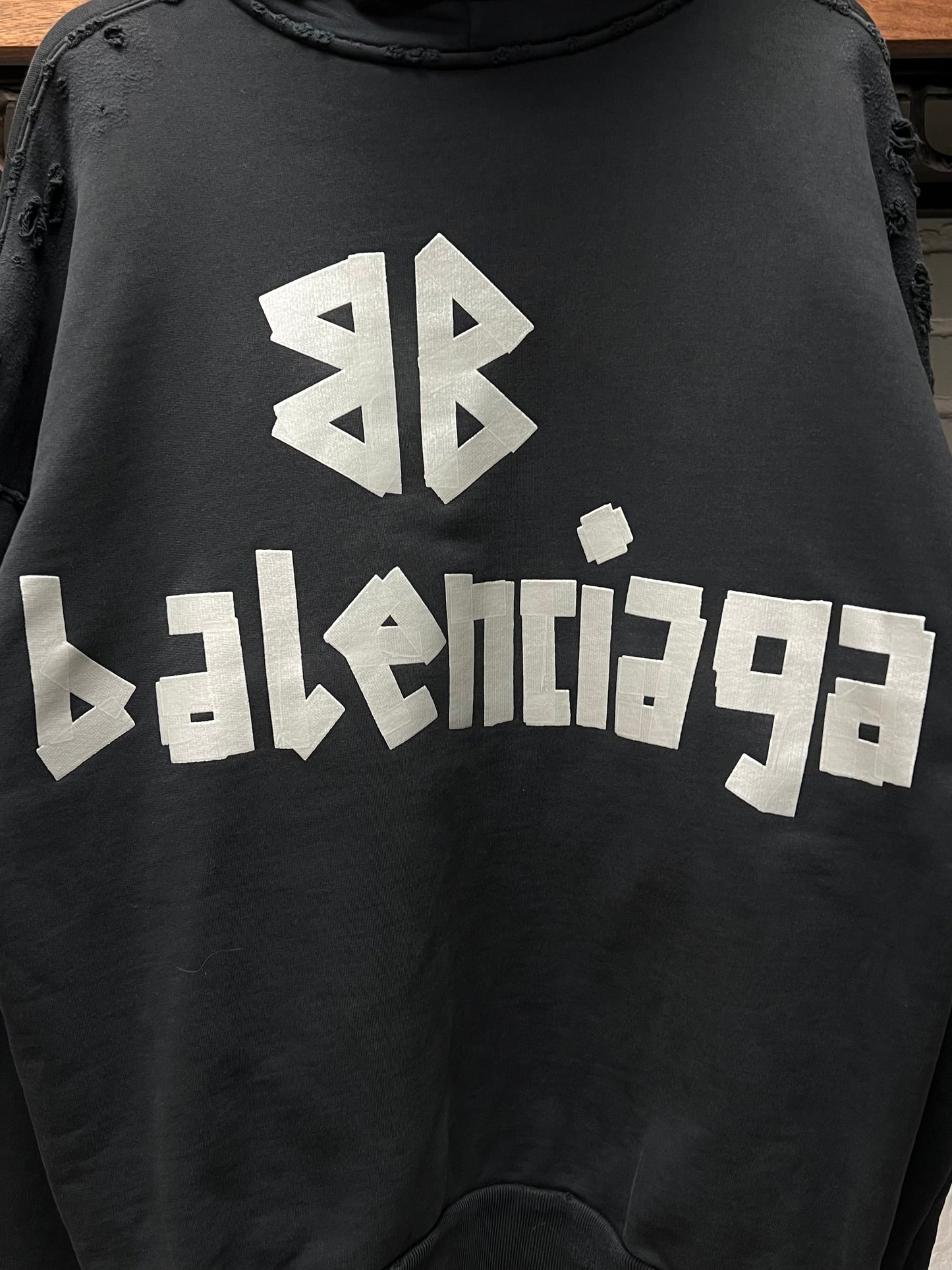 2023 Balenciaga ‘Tape Logo’ Distressed Pullover Hoodie