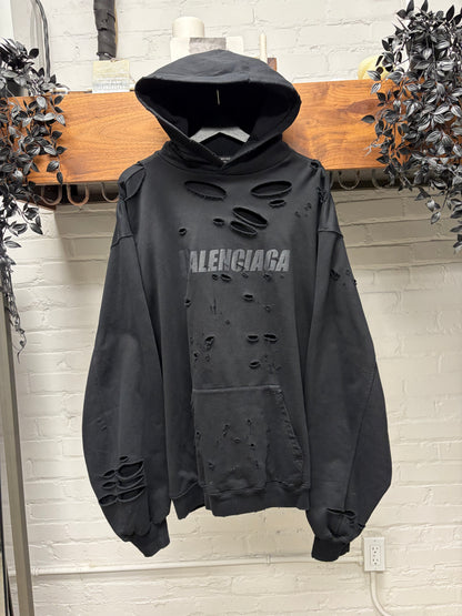 2021 Balenciaga Thrash Distressed Black Heavy Terry Cotton Pullover Hoodie