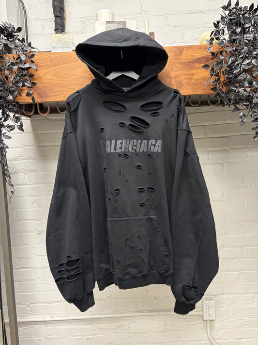 2021 Balenciaga Thrash Distressed Black Heavy Terry Cotton Pullover Hoodie