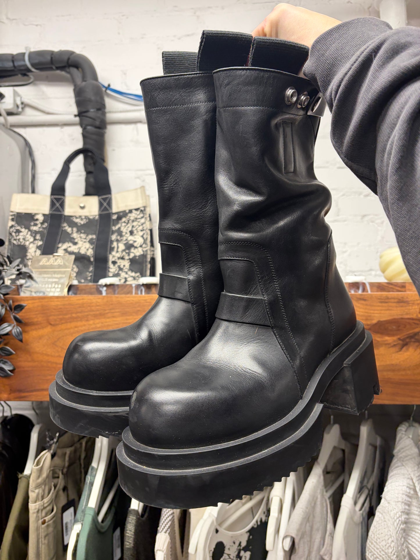 Rick Owens Pull On ‘Bogun’ Black Calfskin Leather Platform Sole Boots