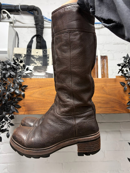 Prada Brown Leather Platform Calf Height Boots