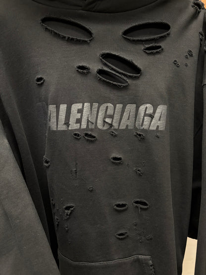 2021 Balenciaga Thrash Distressed Black Heavy Terry Cotton Pullover Hoodie