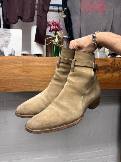 Saint Laurent ‘Jodhpur’ Belted Tan Suede Pointed Toe Chelsea Boots