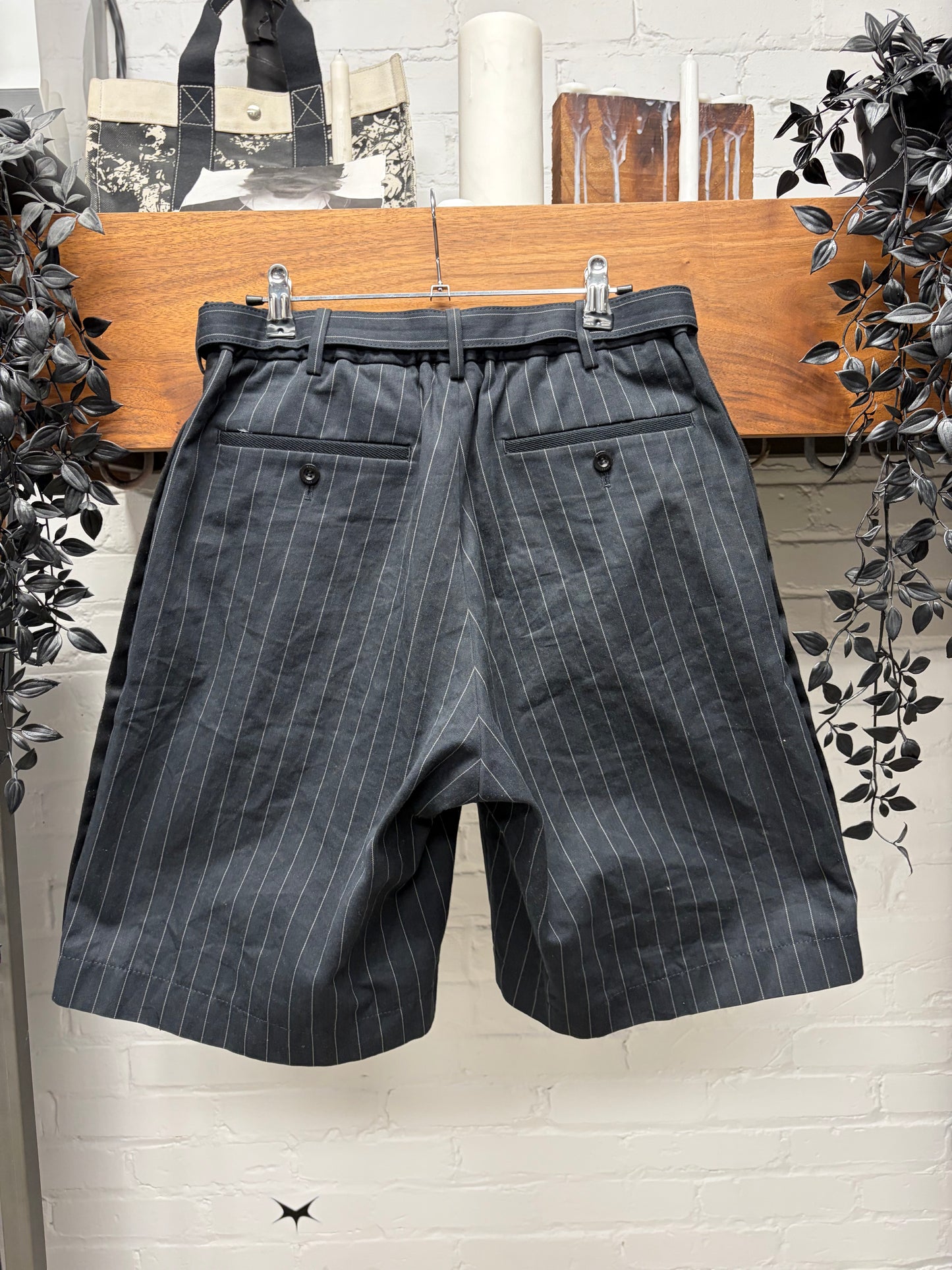 Sacai Belted Grey Pinstripe Pleated Shorts