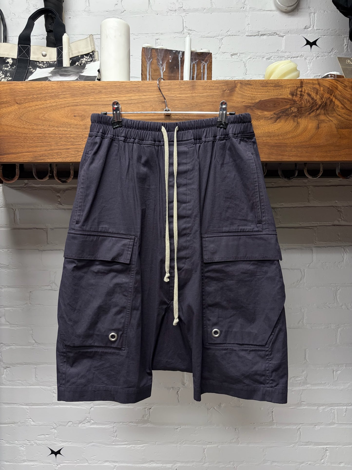 Rick Owens ‘Plum’ Purple Drop Crotch ‘Pod’ Drawstring Cargo Shorts