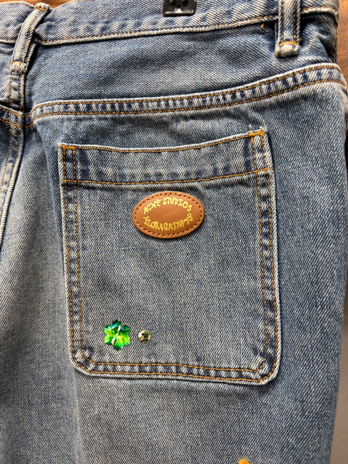 Acne Studios Embellished Blue Flared Leg Button Fly Denim