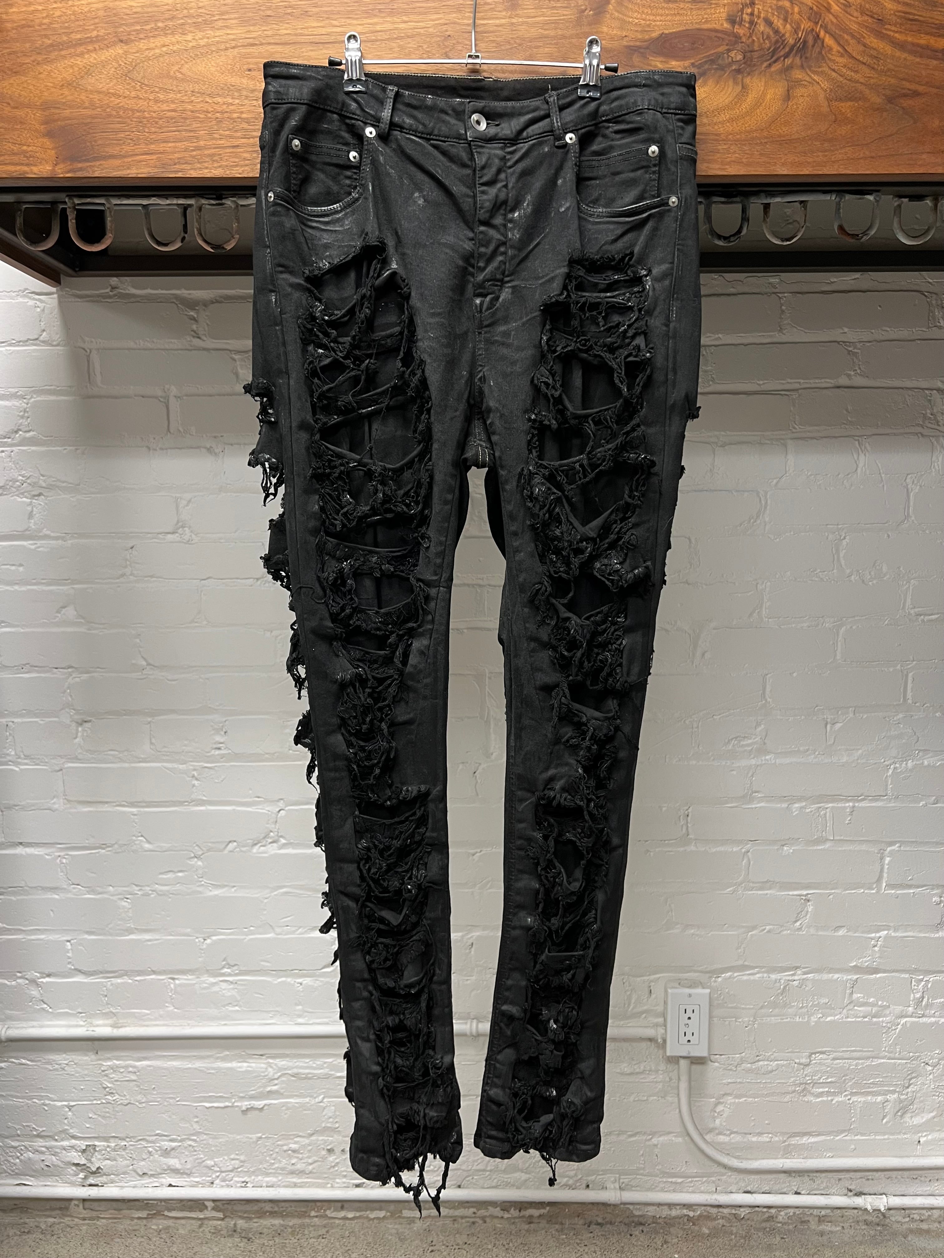 Rick Owens DRKSHDW 'Detroit Cut' Waxed Black Slashed Distressed