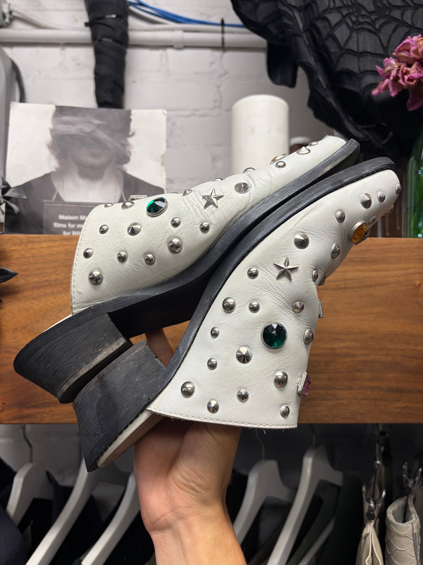 AW2002 Junya Watanabe ‘Jewel Encrusted’ White Leather Pointed Toe Mules