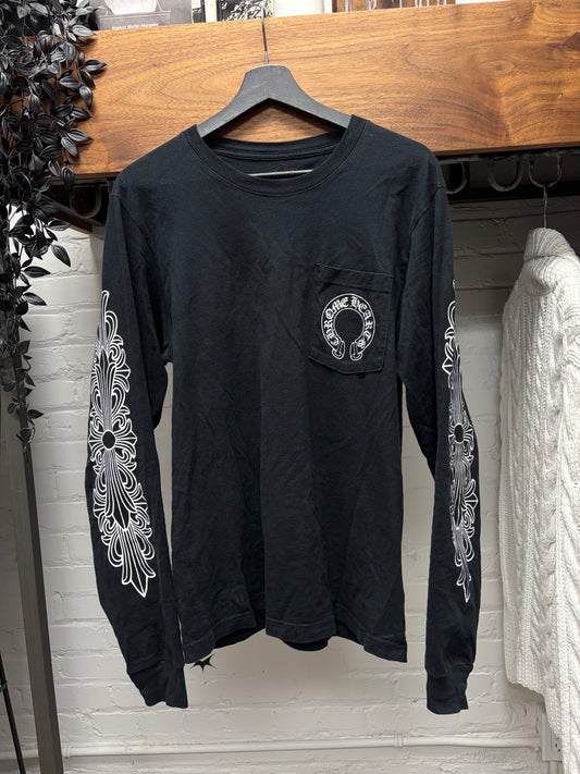 Chrome Hearts Floral Cross/Horseshoe Logo Black Long Sleeve Shirt