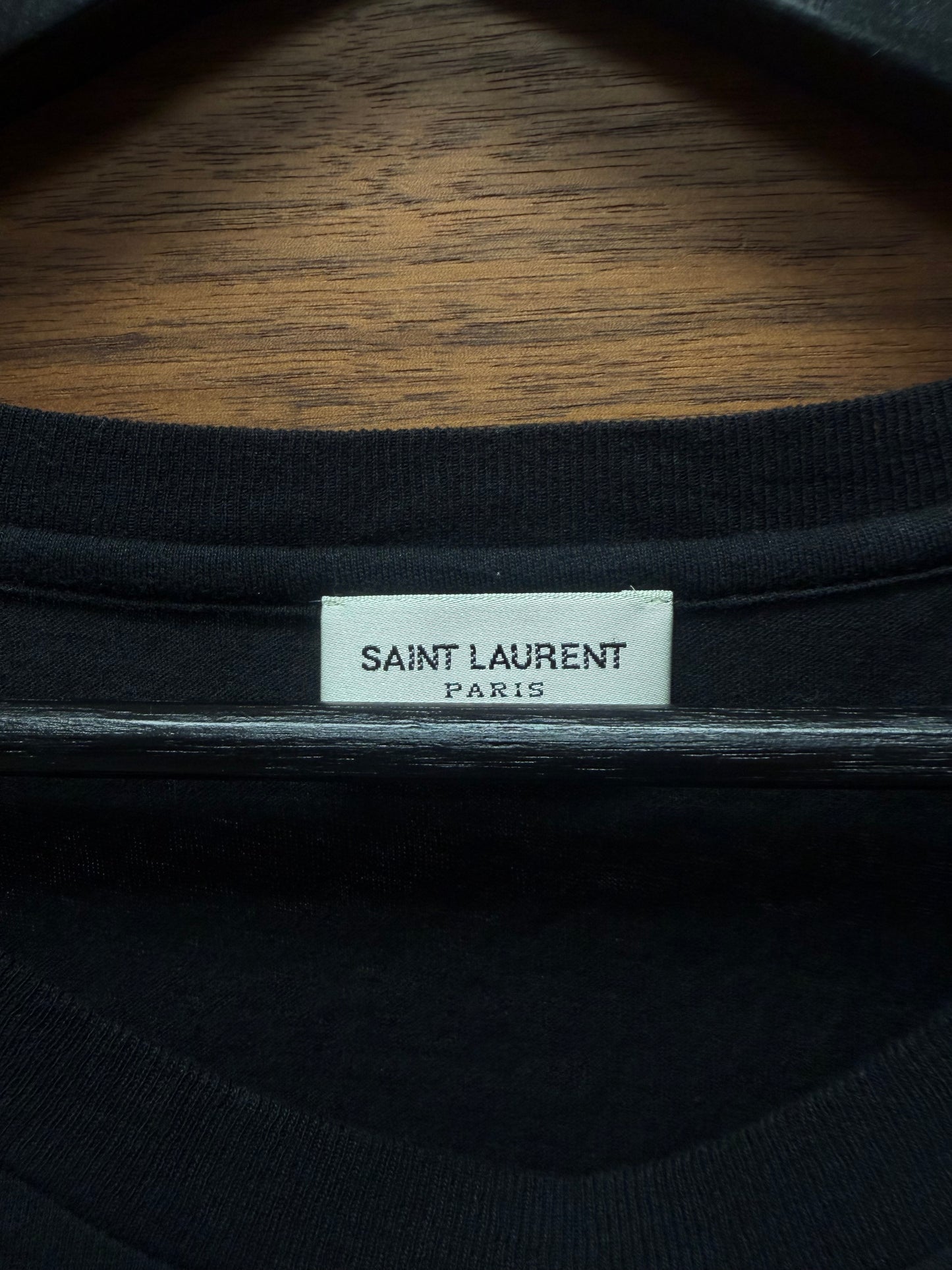 2018 Saint Laurent ‘Cursive Logo’ Small Shoulder Hit Graphic T-Shirt