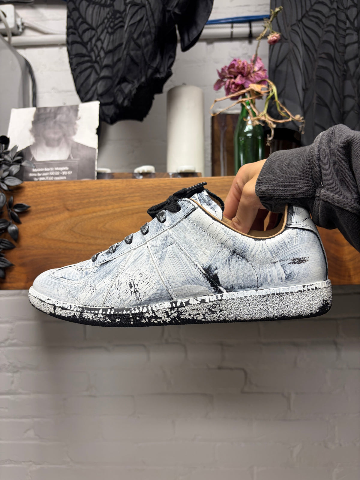 Maison Margiela White Paint Coated ‘G.A.T’ Black Leather Low Top Sneakers