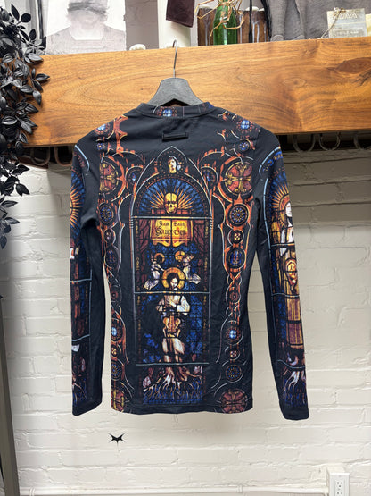 AW1998 Vintage Jean Paul Gaultier ‘Stained Glass’ Cathedral Full Print Mesh Long Sleeve Shirt