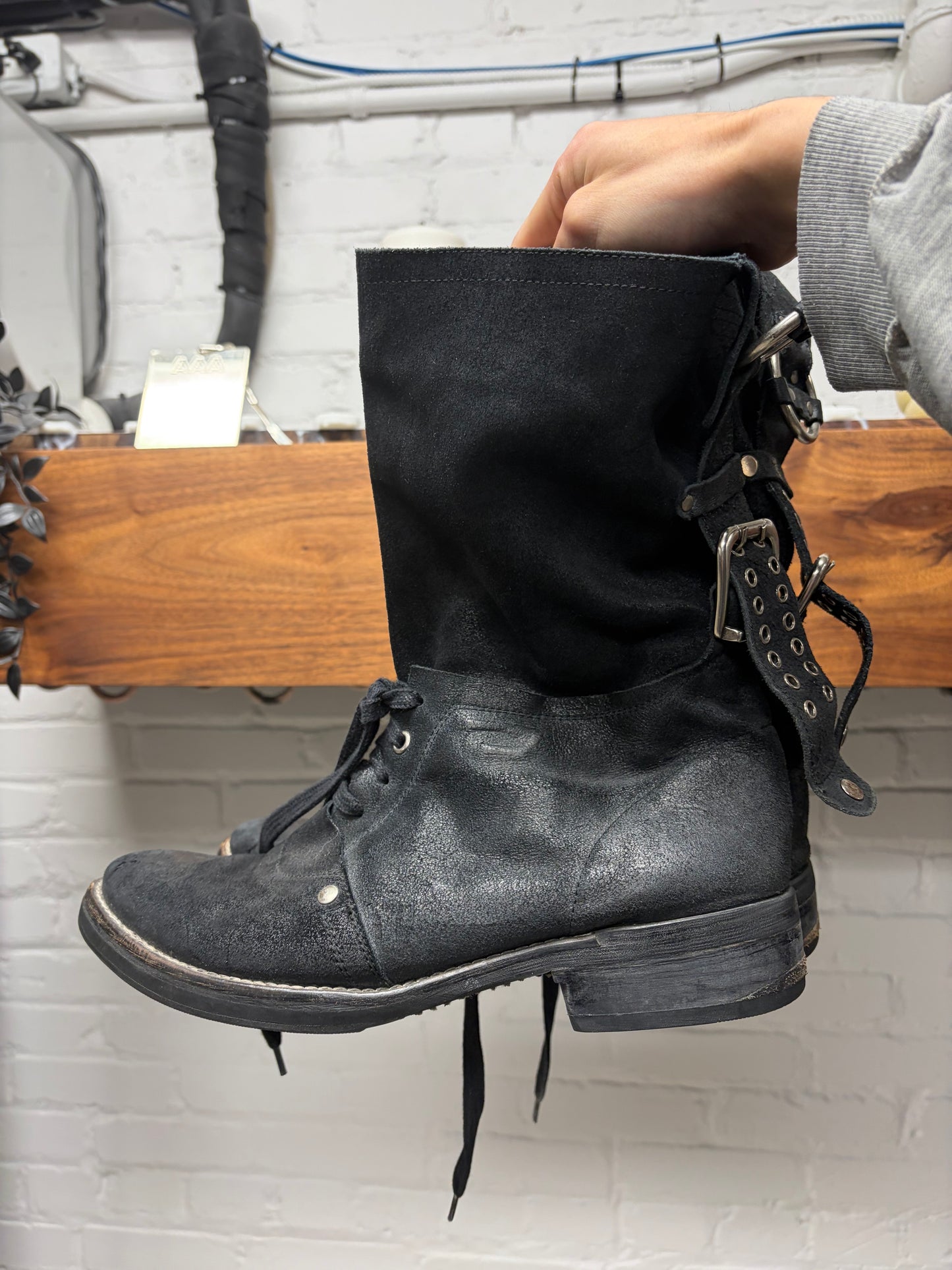 Diesel Black Waxed Suede ‘Engineer’ Calf Length Black Leather Boots
