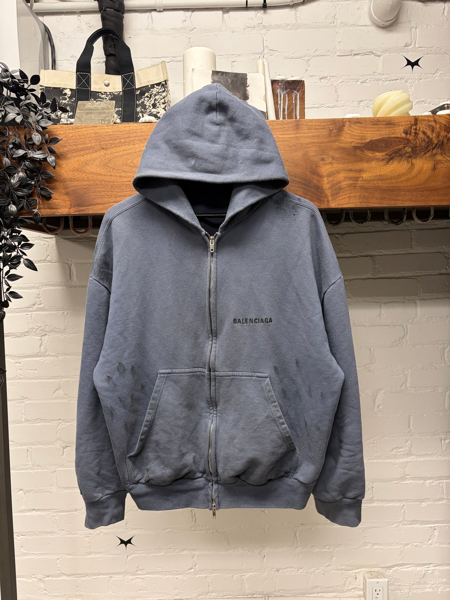AW2025 Balenciaga ‘Painter’ Washed Blue Zip-Up Hoodie