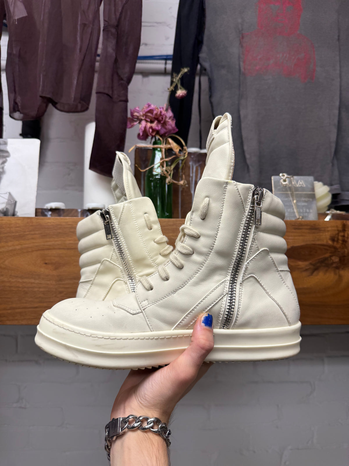 Rick Owens ‘Geobasket’ Milk Leather High Top Sneakers