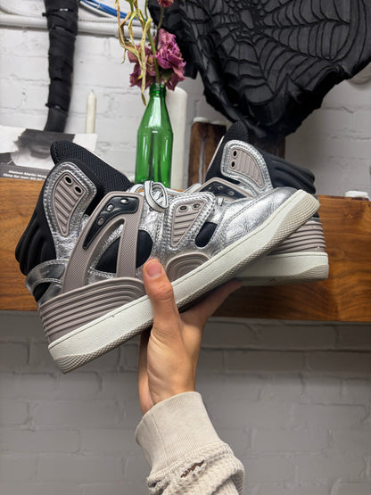 Gucci ‘Basket’ Metallic Silver/Black Leather High Top Sneakers