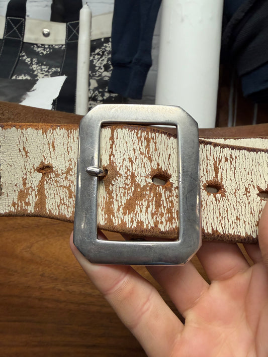 Undercover ‘We Make Noise Not Clothes’ White Painted Leather Studded Belt