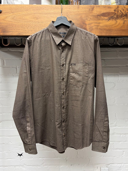 Gucci ‘Resin Waxed’ Cotton Brown Button Up ‘Skinny’ Shirt with Cursive Pocket Branding