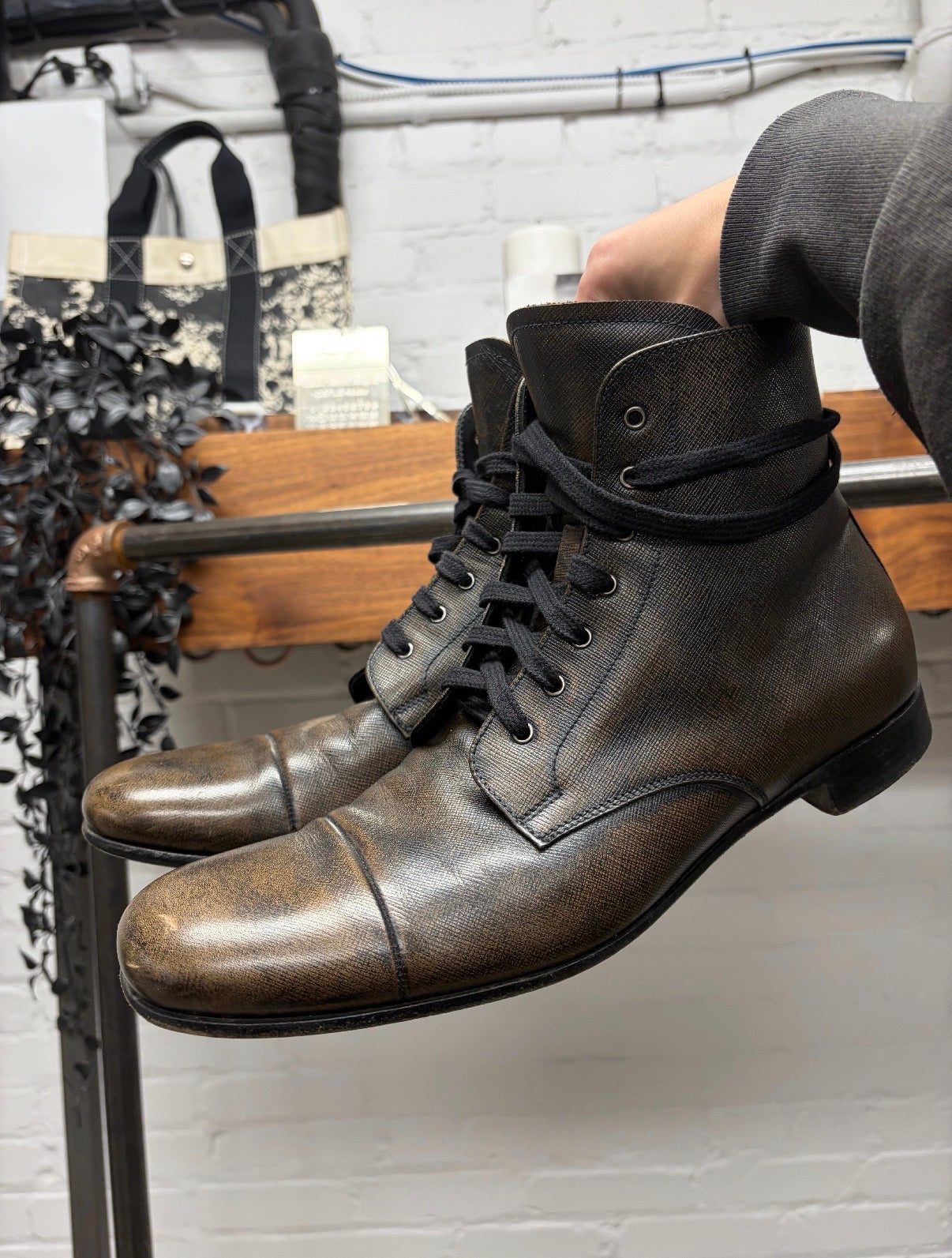 Prada Faded Brown Leather ‘Natural Patina’ Combat Boots