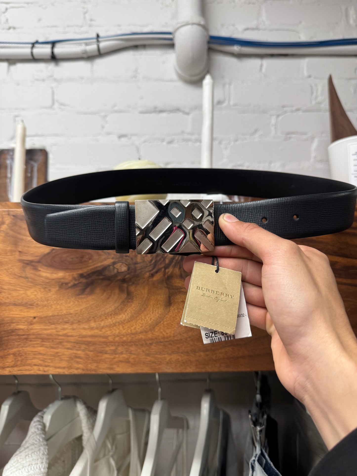 Burberry ‘Nova Check’ Logo Buckle Black Leather Belt