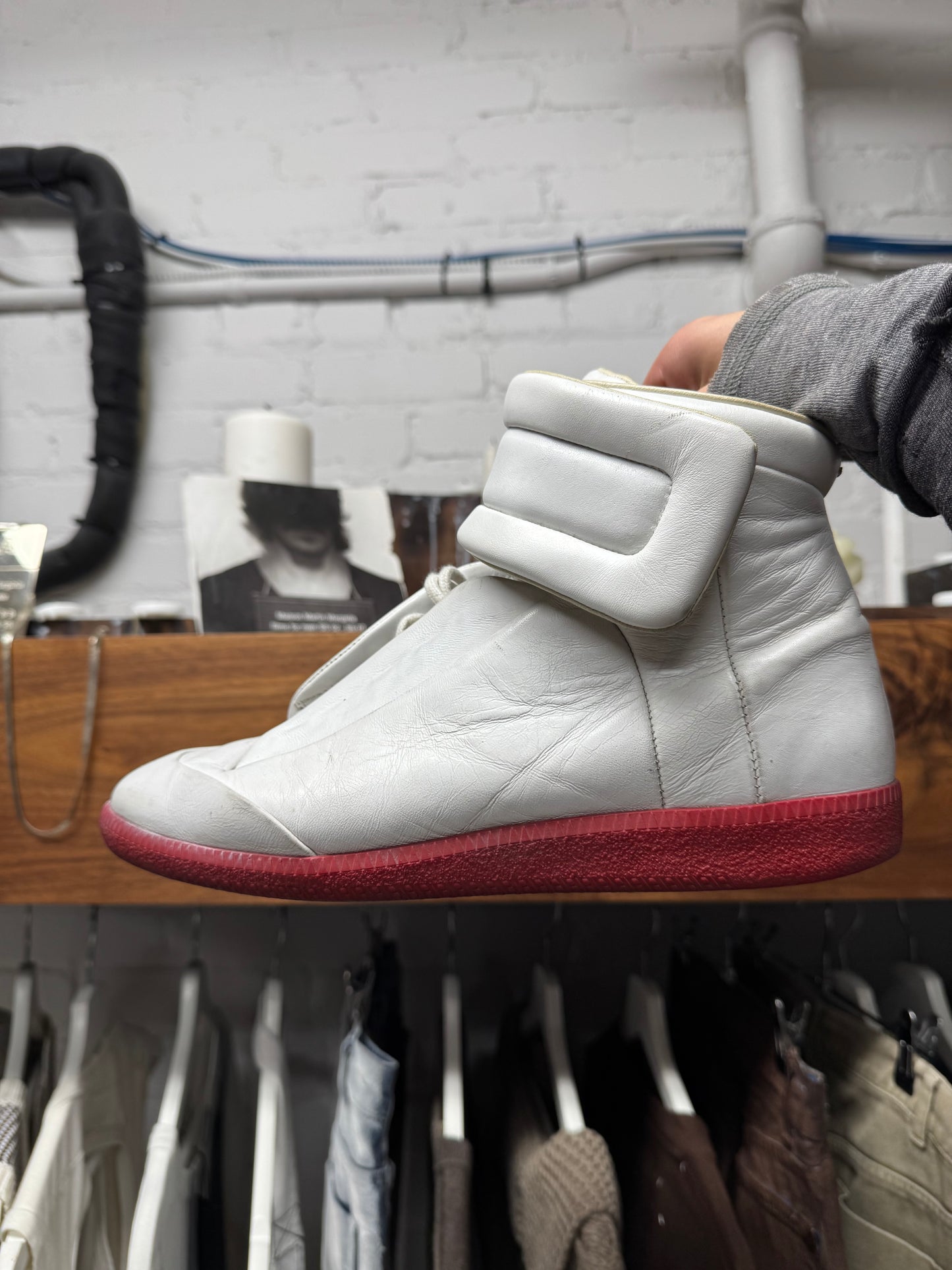 Maison Margiela ‘Future’ White Leather/Red Sole High Top Sneakers