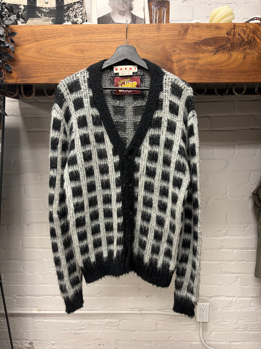 Marni Black/White Plaid Mohair Shag Cardigan