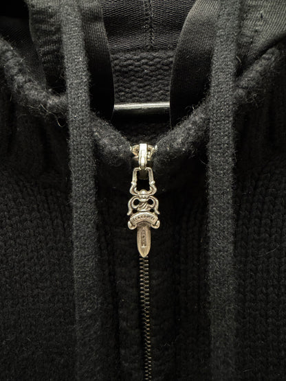 Chrome Hearts Custom Order Cashmere/Leather Cross Patch .925 Silver Zip-Up Knit Hooded Sweater