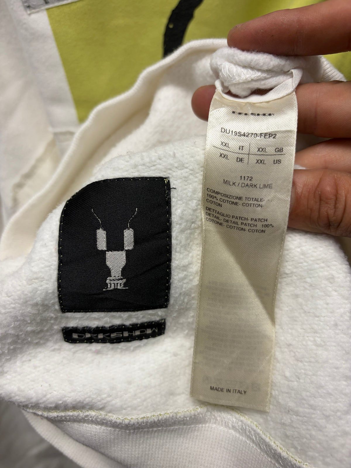 SS2019 Rick Owens ‘Babel’ Milk/Dark Lime ‘Kendra Pfahler’ Patchwork Sweatshirt