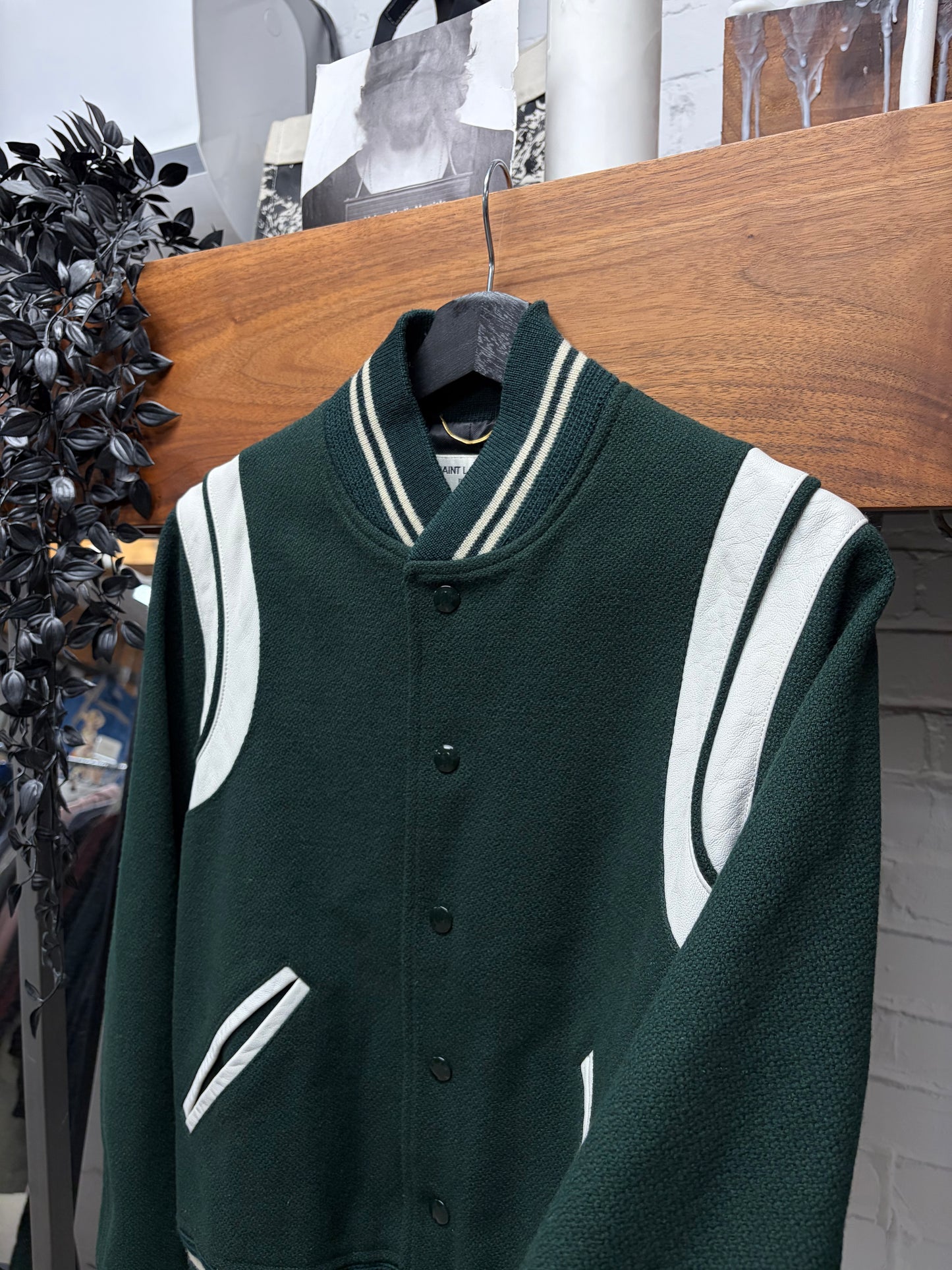 2016 Saint Laurent ‘Teddy’ Forest Green/White Wool Varsity Jacket