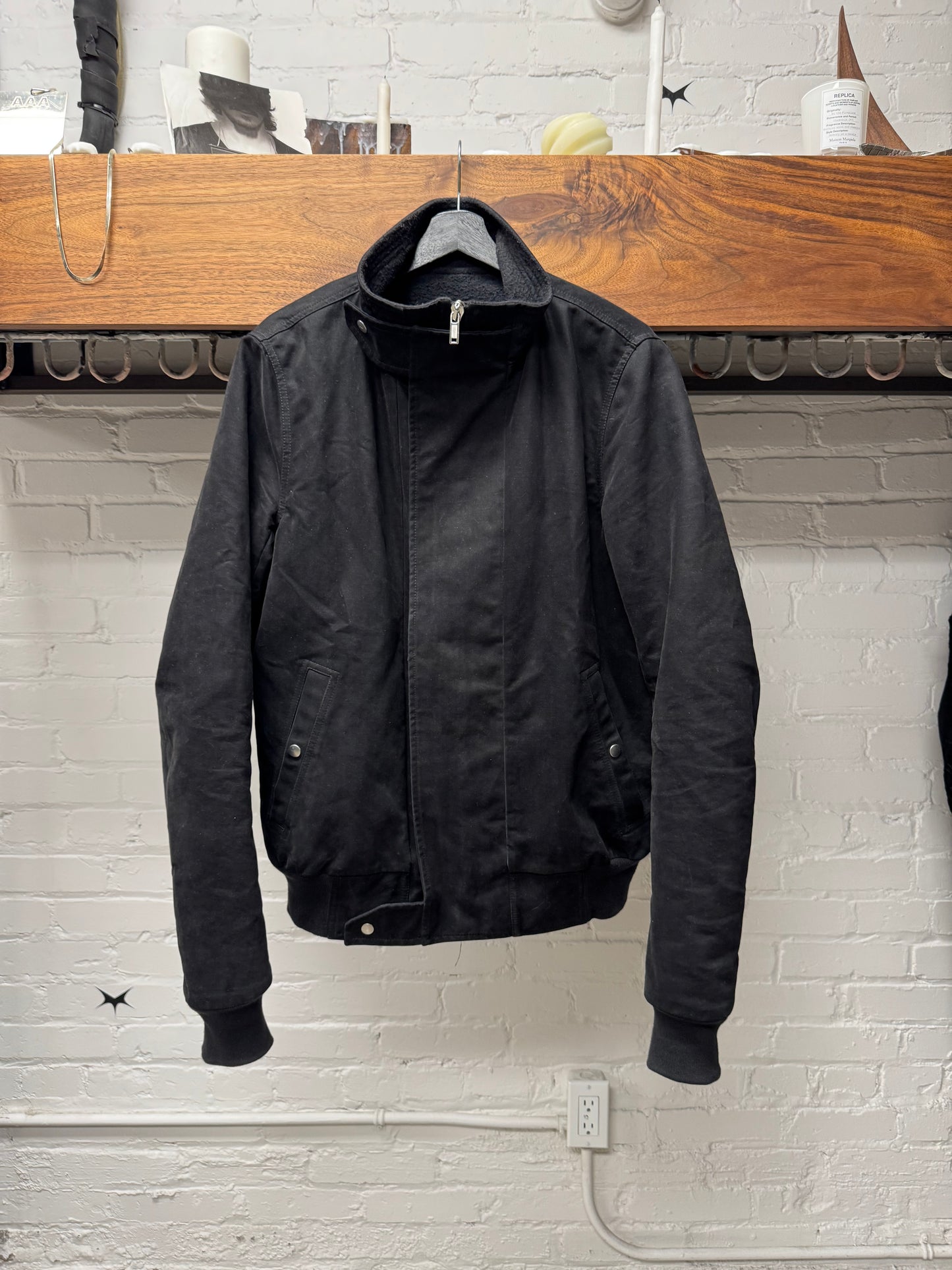 Rick Owens O&M Era ‘Globe’ Black Moleskin High Neck Bomber Jacket