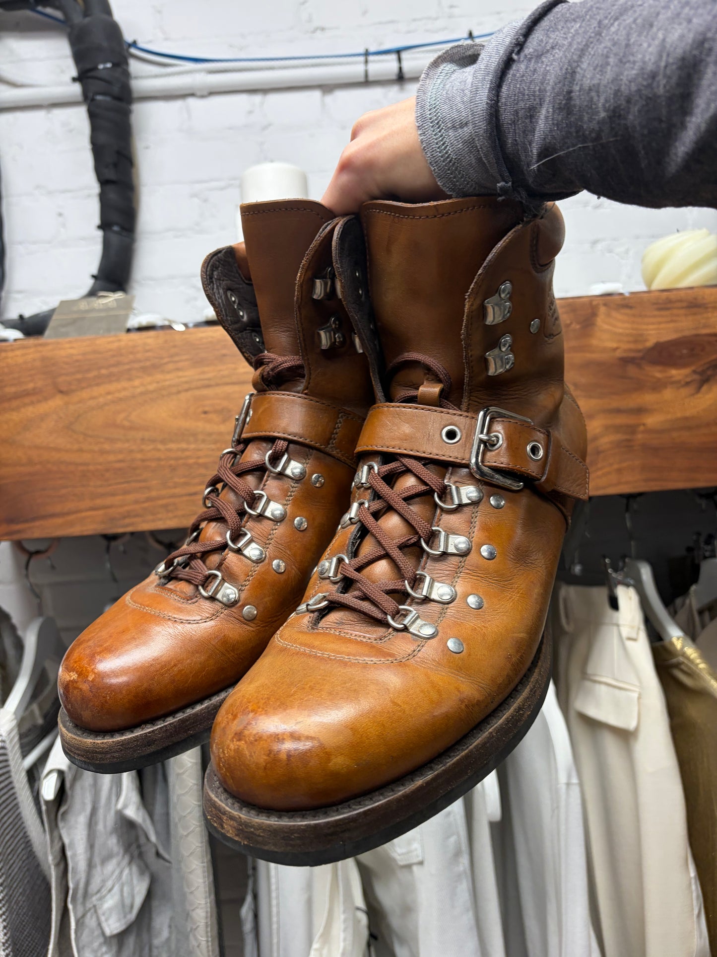 Vintage Prada Leather Strap Closure Brown Hiking Boots